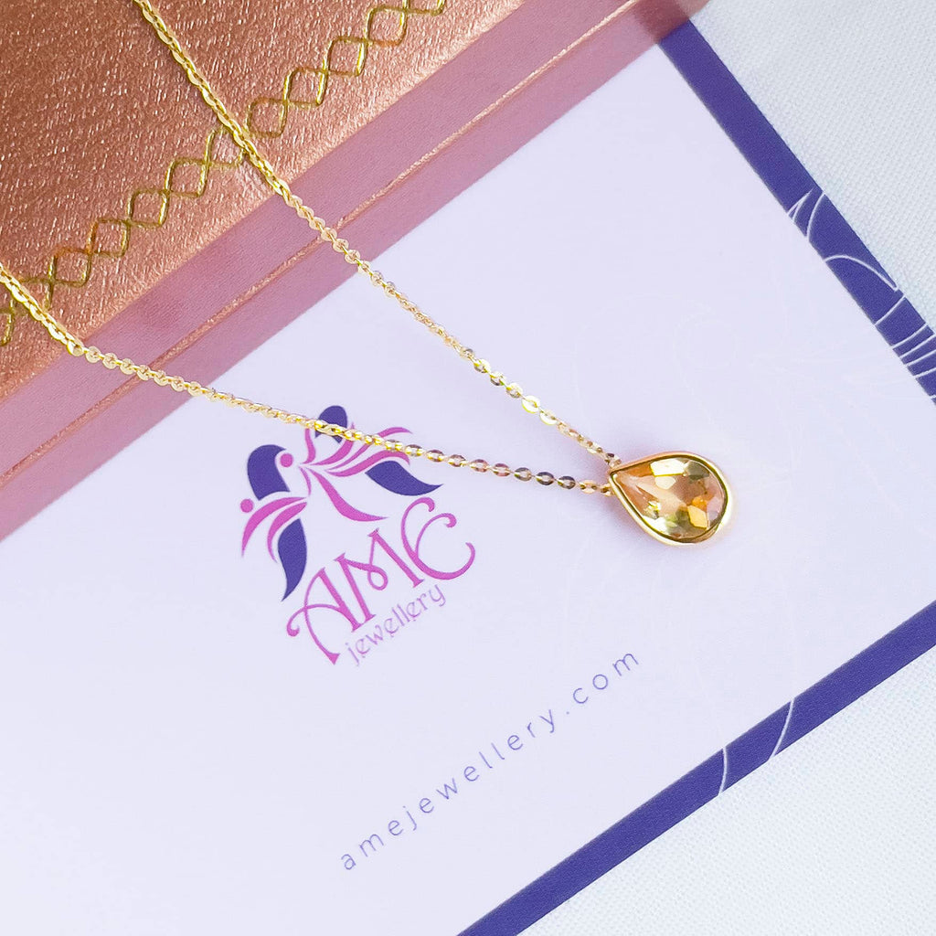 Mặt dây chuyền Vàng Đá quý tự nhiên Pear-cut Citrine Bezel Pendant Necklace in 14K Yellow Gold by AME Jewellery