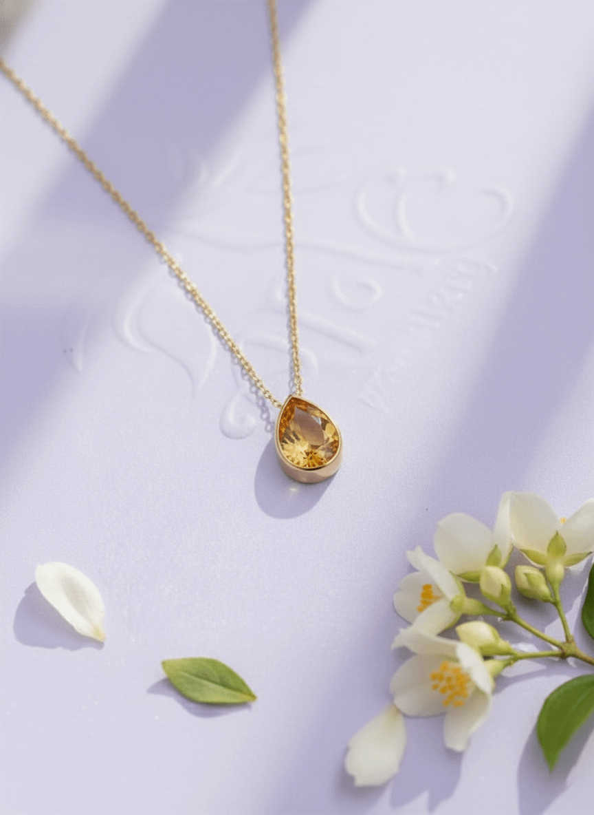 Mặt dây chuyền Vàng Đá quý tự nhiên Pear-cut Citrine Bezel Pendant Necklace in 14K Yellow Gold by AME Jewellery