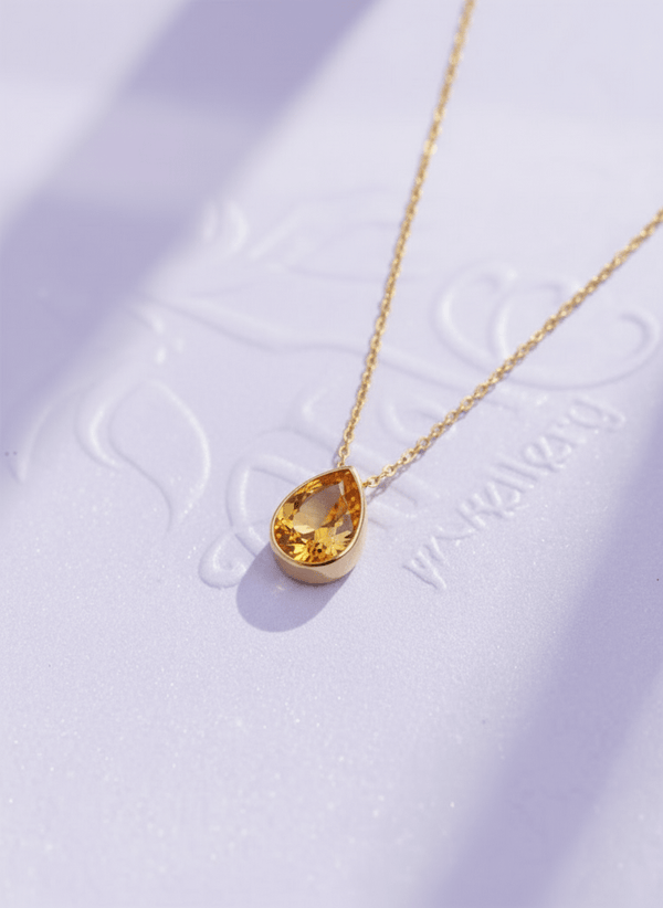 Mặt dây chuyền Vàng Đá quý tự nhiên Pear-cut Citrine Bezel Pendant Necklace in 14K Yellow Gold by AME Jewellery