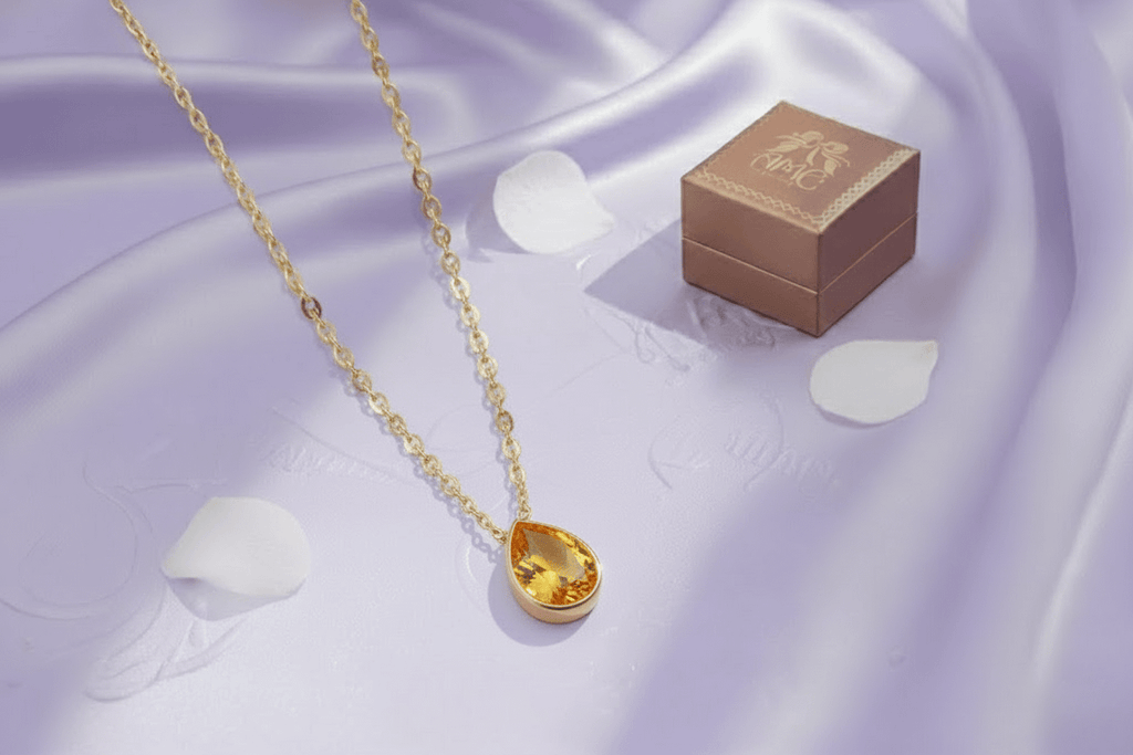 Mặt dây chuyền Vàng Đá quý tự nhiên Pear-cut Citrine Bezel Pendant Necklace in 14K Yellow Gold by AME Jewellery