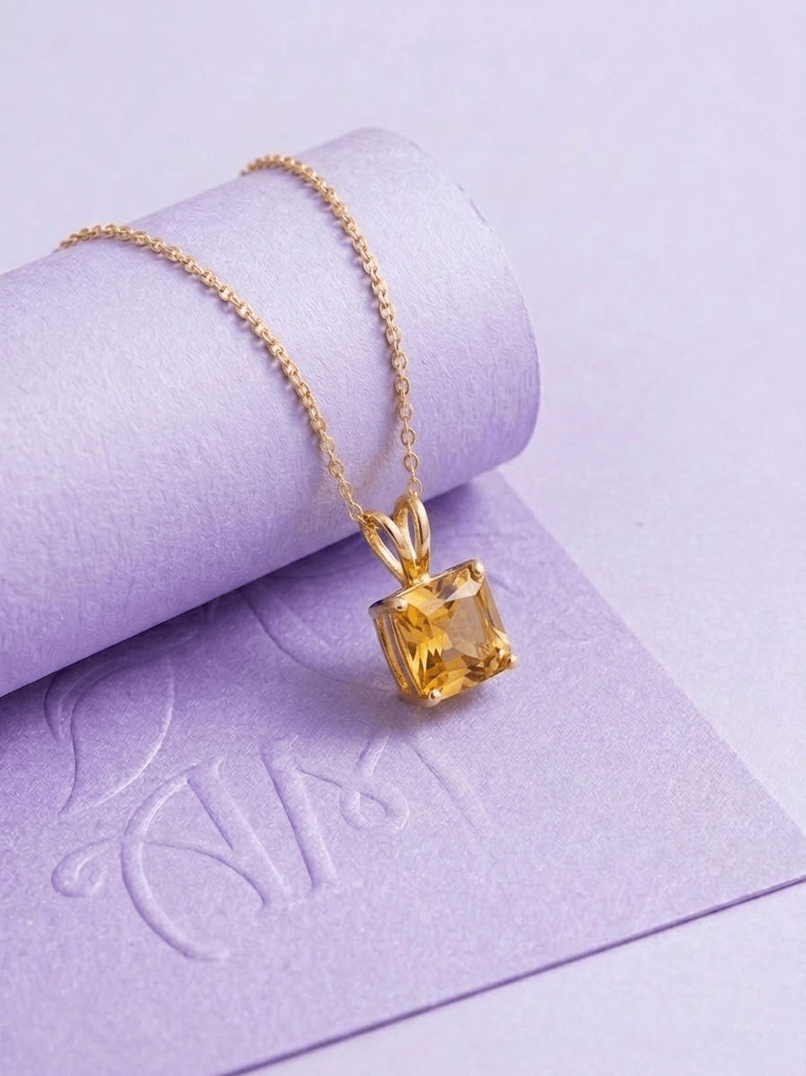 The sparkling natural square-cut Citrine pendant in 14-karat Yellow Gold by AME Jewellery