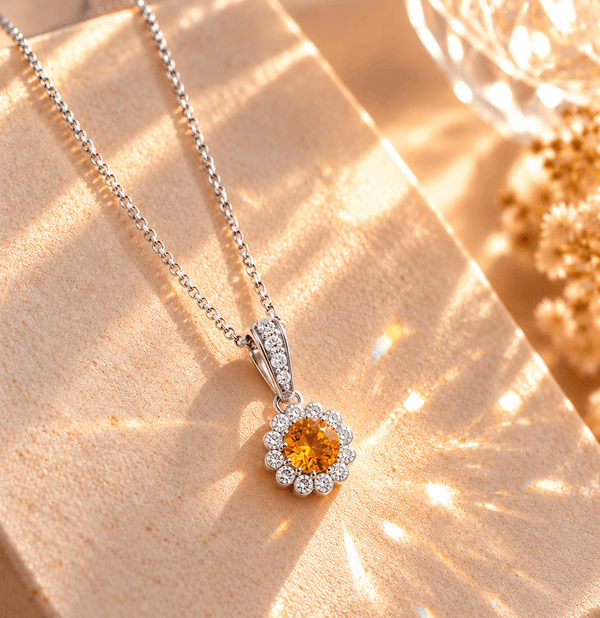 Natural Citrine Halo Pendant Necklace in Sterling Silver by AME Jewellery. 