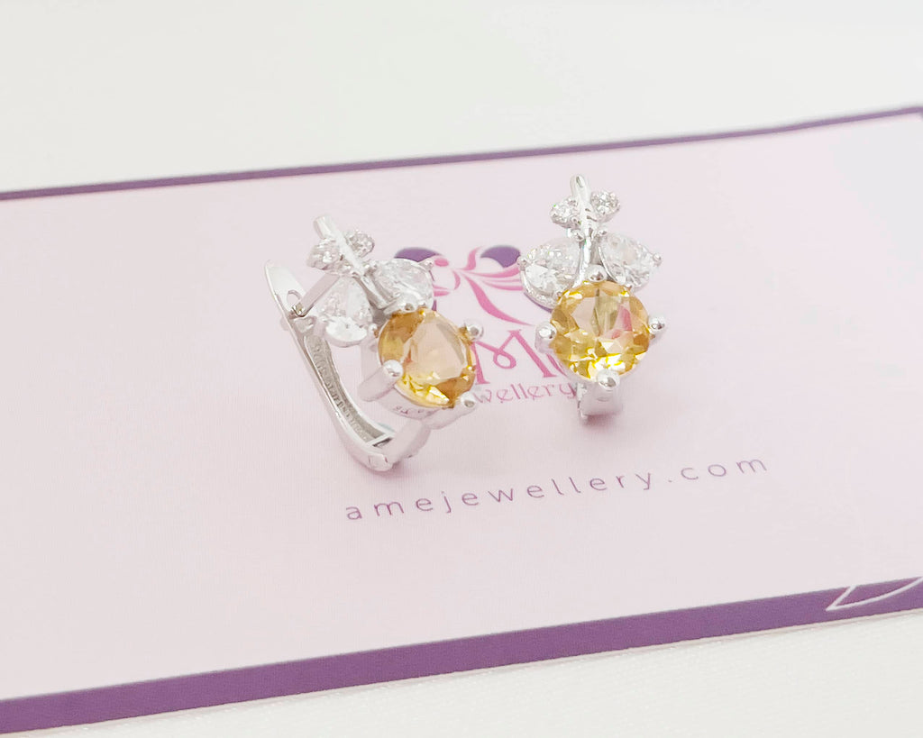 Bông tai Đá quý thiên nhiên Citrine Leaf Latchback Earrings in Sterling Silver by AME Jewellery