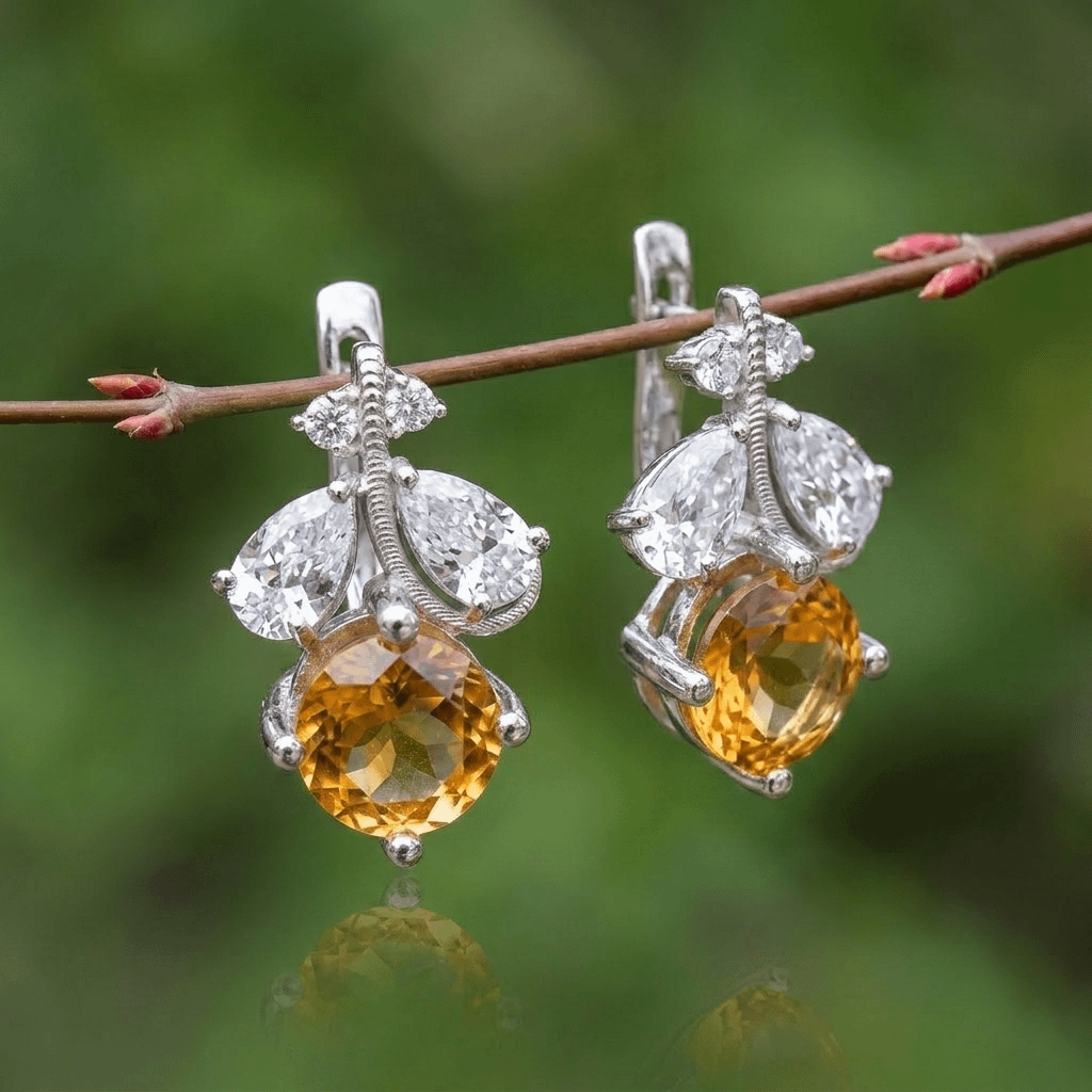Natural Citrine Leaf Latch-back Earrings in Sterling Silver by AME Jewellery. 