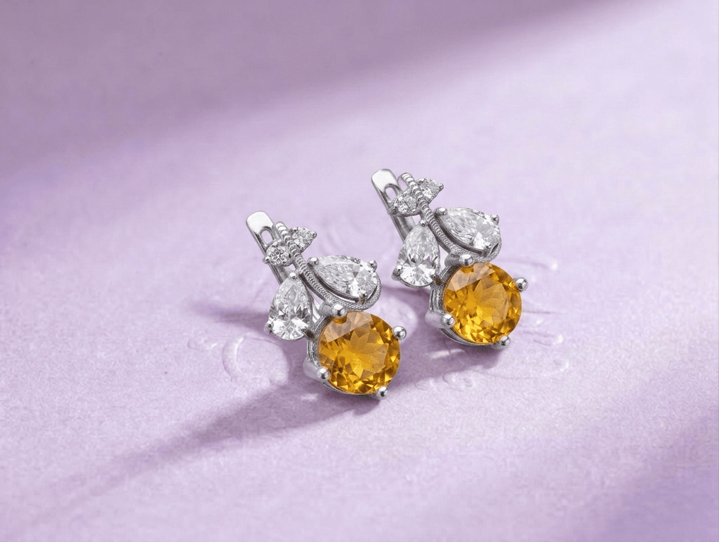 Natural Citrine Leaf Latch-back Earrings in Sterling Silver by AME Jewellery. 