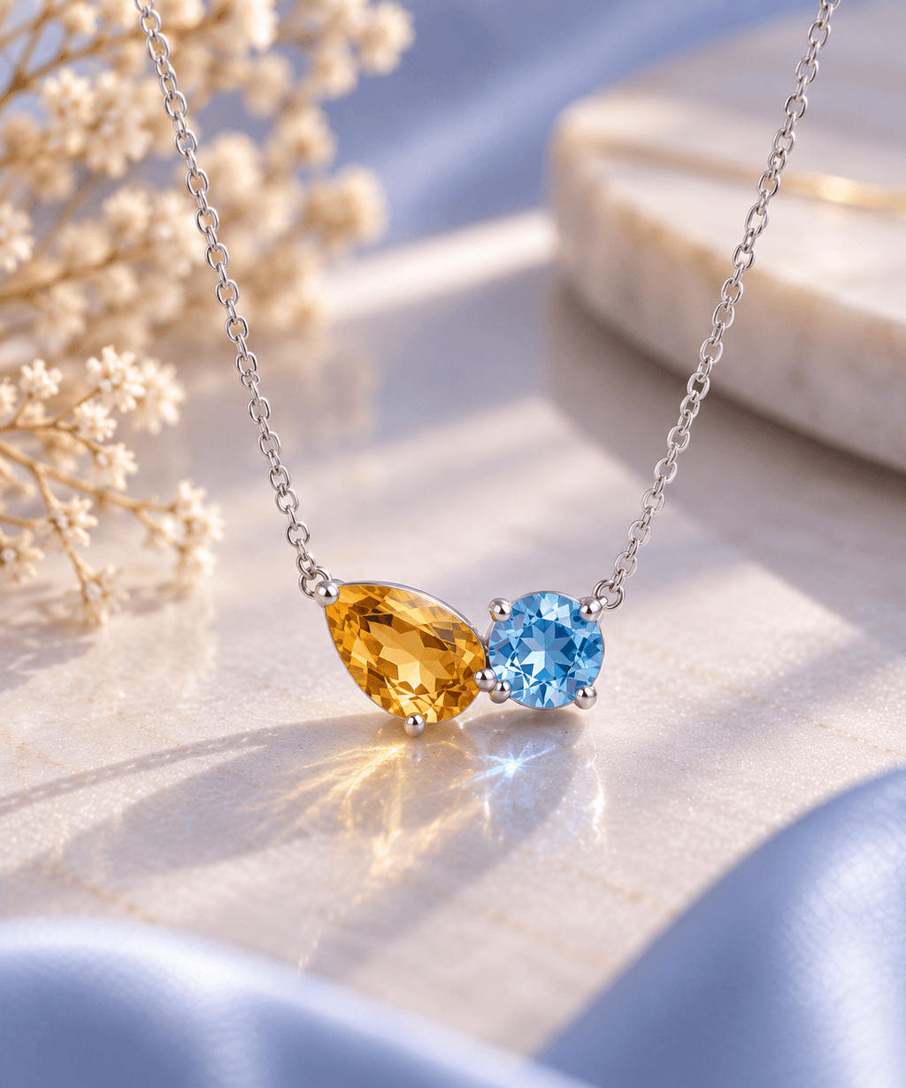 Collier en argent sterling et citrine taille poire et topaze bleue - AME Jewellery