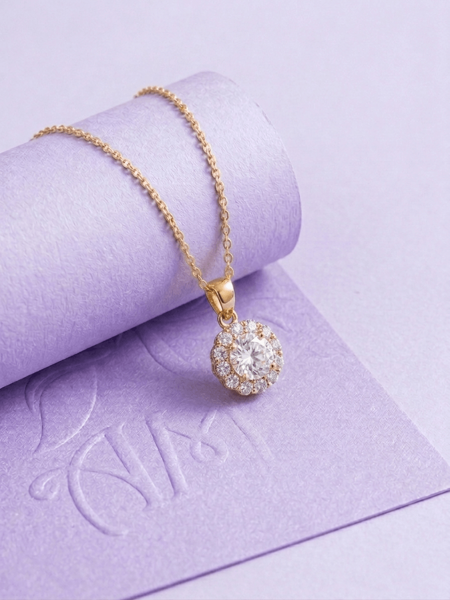Natural Colorless Topaz Halo Pendant Necklace in 14K Yellow Gold - AME Jewellery