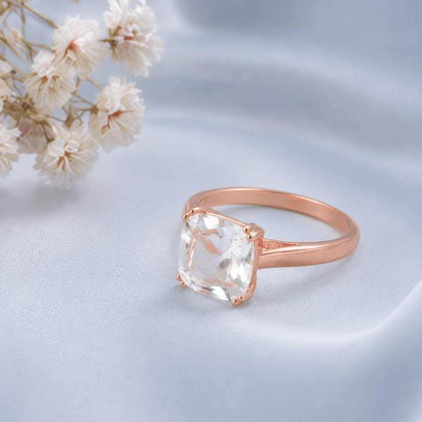 Natural Colorless Cushion-cut Topaz Double-Prong Ring in 14-karat Rose Gold by AME Jewellery. 
