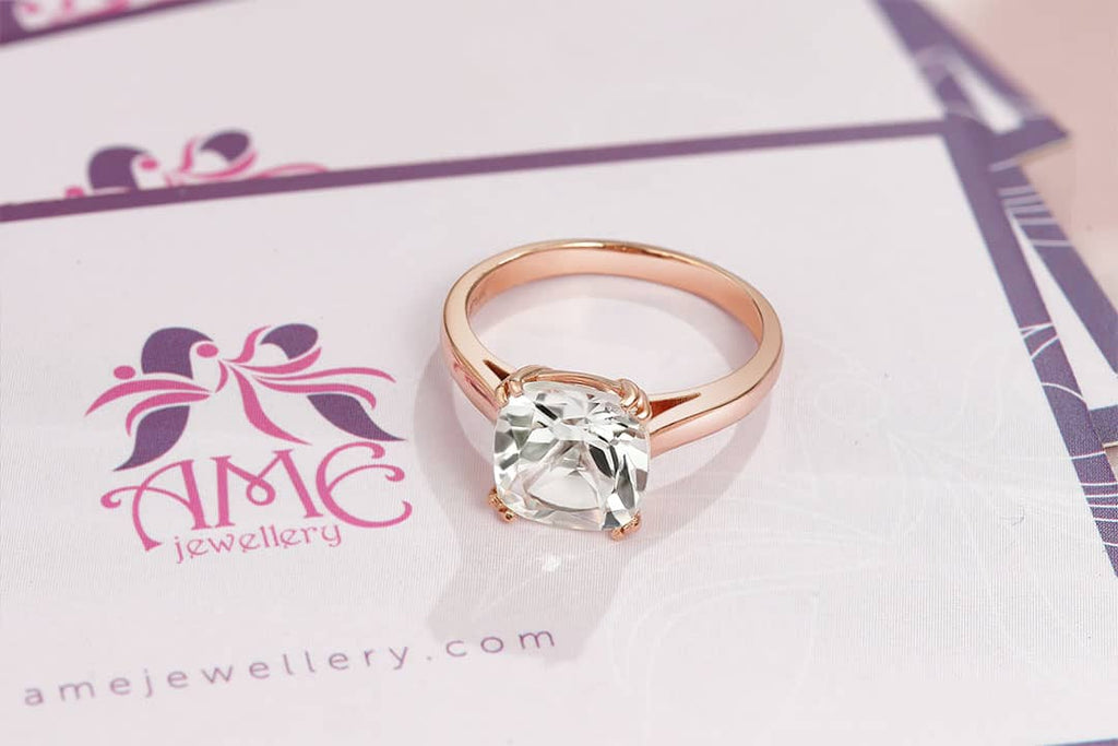 Nhẫn Vàng Hồng Đá quý tự nhiên Colorless Cushion Topaz Ring 14K Rose Gold by AME Jewellery