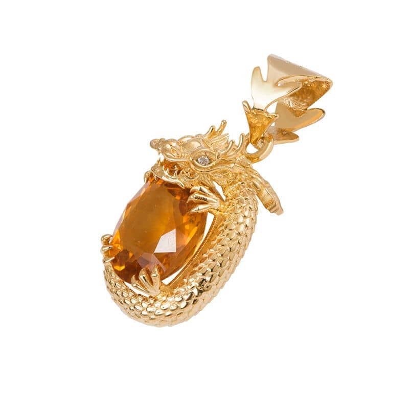 Mặt dây Nam Rồng Vàng Đá quý tự nhiên Cushion-cut Citrine Dragon Men's Pendant in 14K Yellow Gold by AME Jewellery