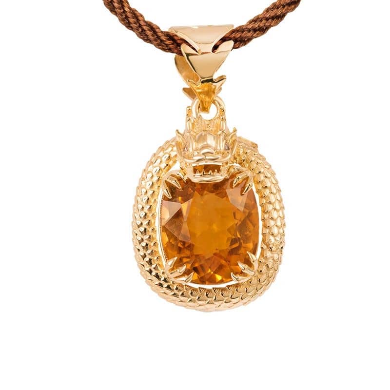 Mặt dây Nam Rồng Vàng Đá quý tự nhiên Cushion-cut Citrine Dragon Men's Pendant in 14K Yellow Gold by AME Jewellery