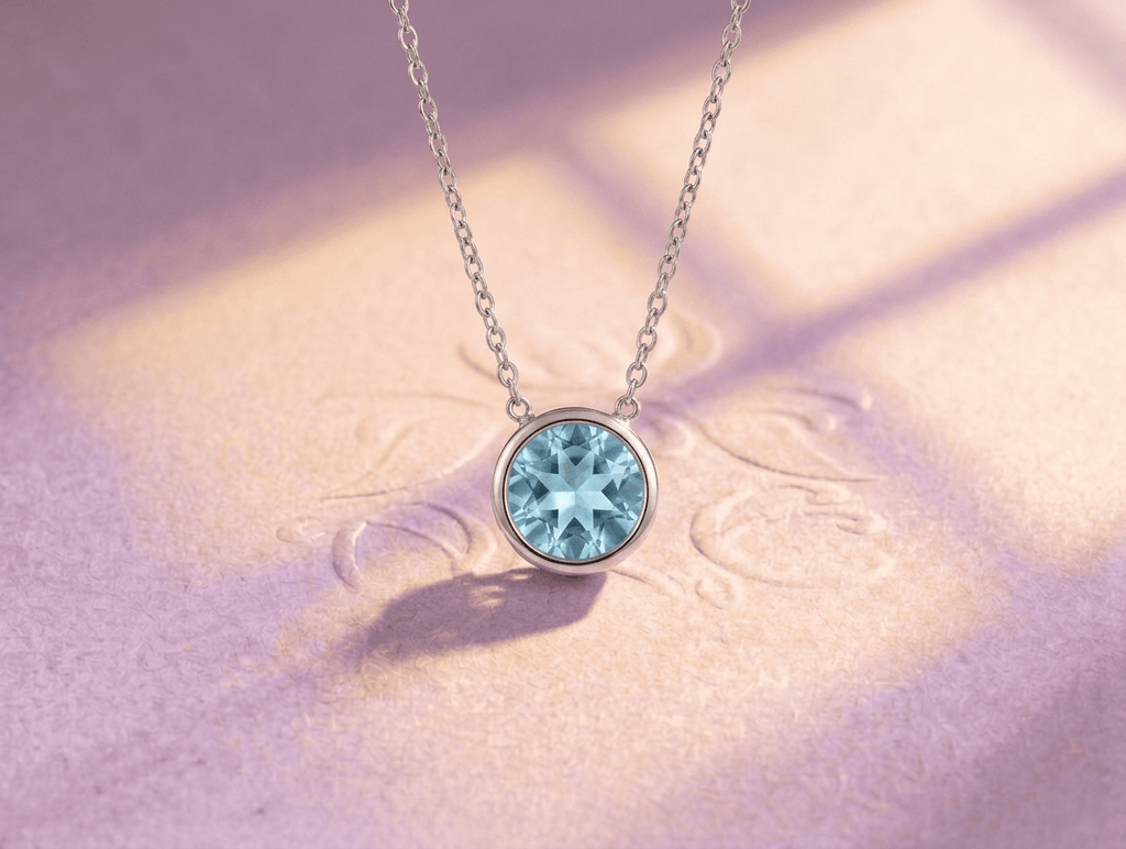 Natural Swiss Blue Topaz Solitaire Bezel Chain Necklace in Sterling Silver by AME Jewellery.