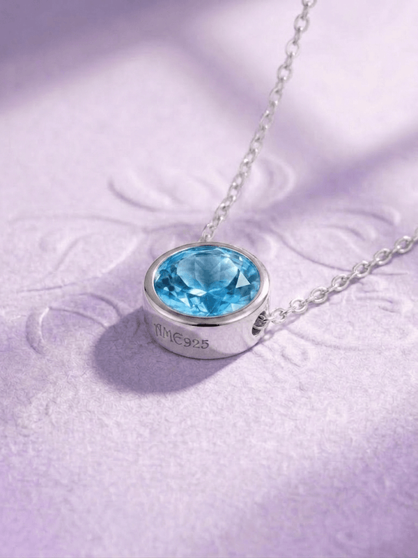 Natural Swiss Blue Topaz Solitaire Bezel Chain Necklace in Sterling Silver by AME Jewellery