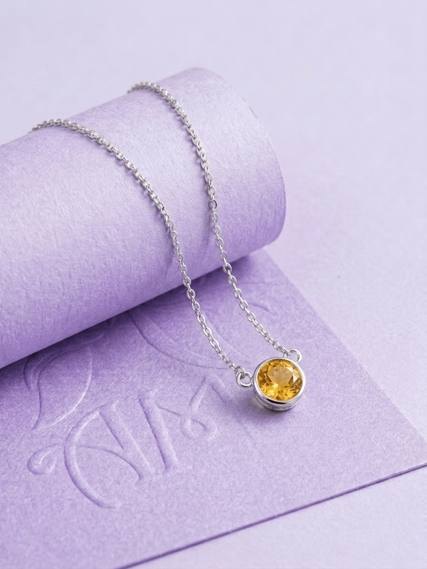 Natural Citrine Solitaire Bezel Chain Necklace in Sterling Silver by AME Jewellery. 