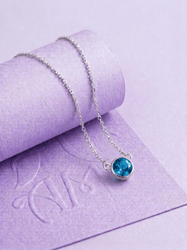 Natural Blue Topaz Solitaire Bezel Chain Necklace in Sterling Silver by AME Jewellery.