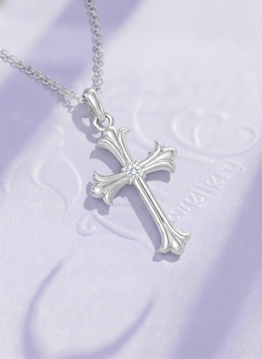 Mặt dây chuyền Thánh Giá Vàng trắng Kim Cương - Diamond Gothic Cross Pendant in 14K White Gold by AME Jewellery