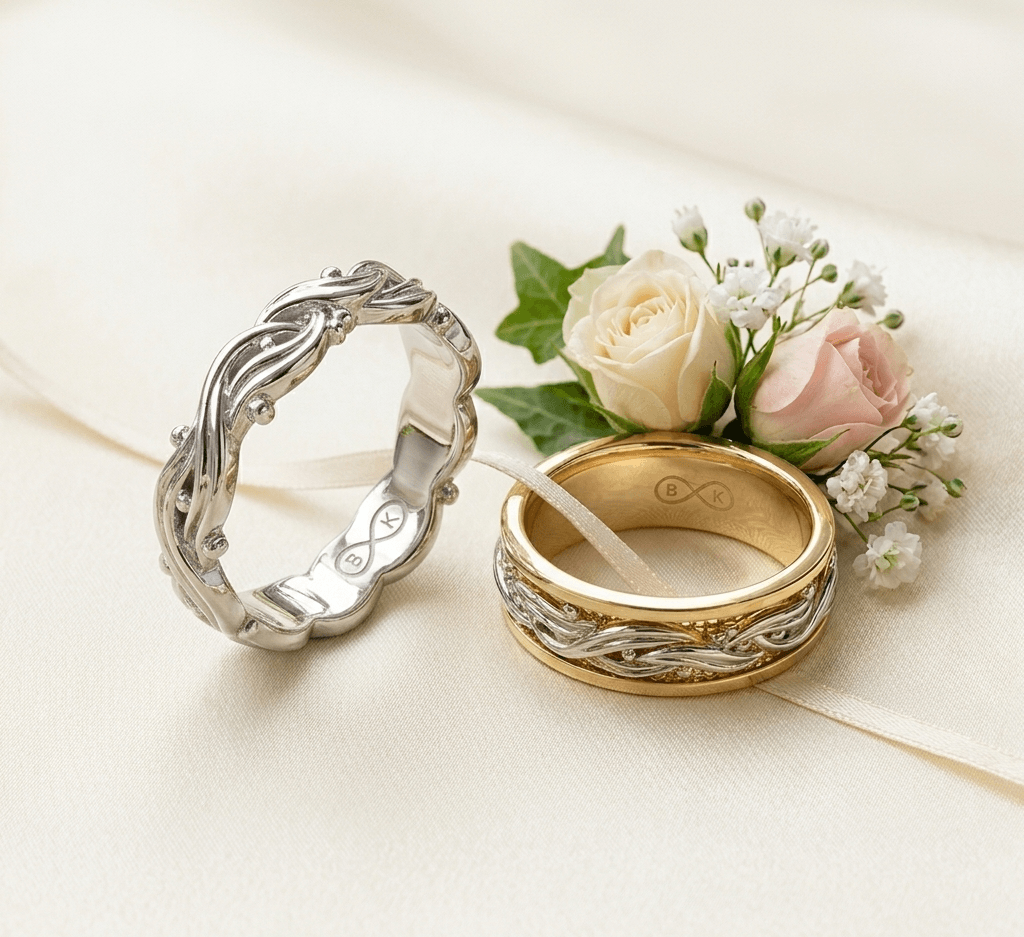 Floral Wedding Rings for Couples in 14-karat White and Yellow Gold by AME Jewellery. 