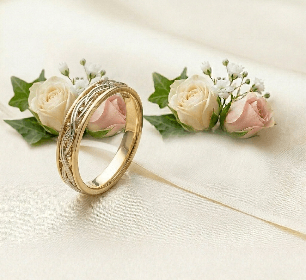 Paire d'alliances, bagues de fiançailles magnifiquement conçues en or 14 carats et or blanc par AME Jewellery,