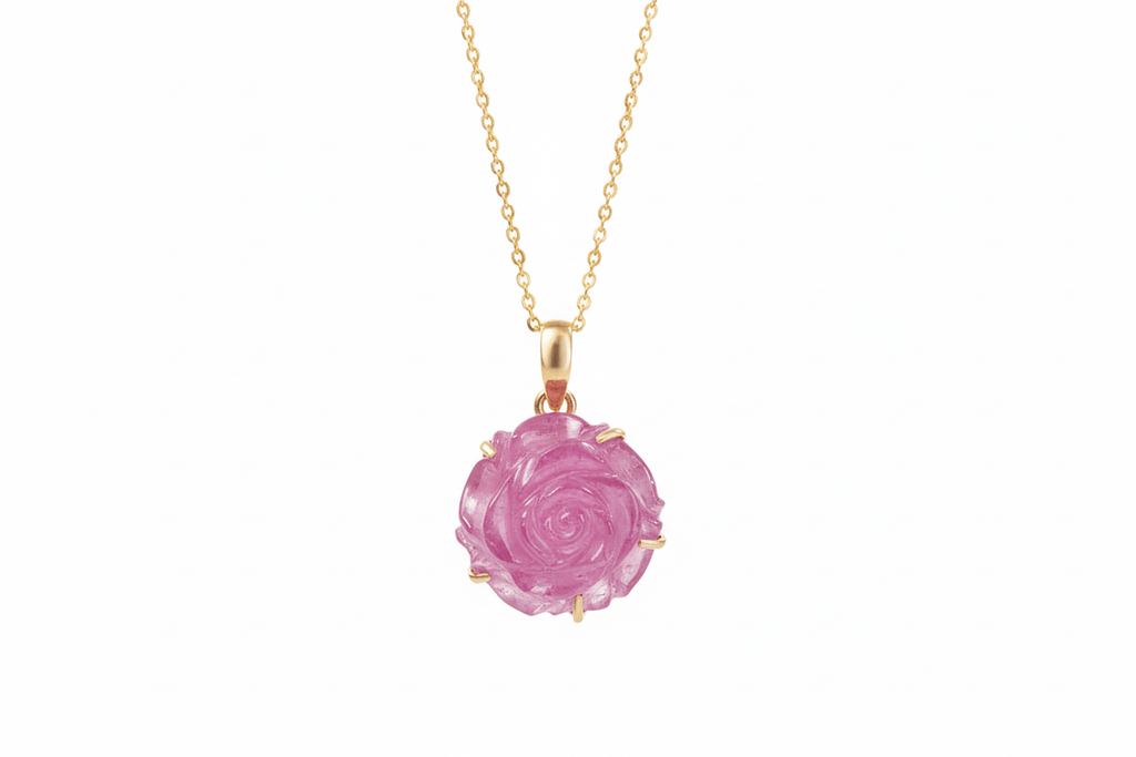 Mặt dây chuyền Vàng Hoa hồng Ruby Carved Rose Flower Pendant Necklace in 14K yellow Gold by AME Jewellery