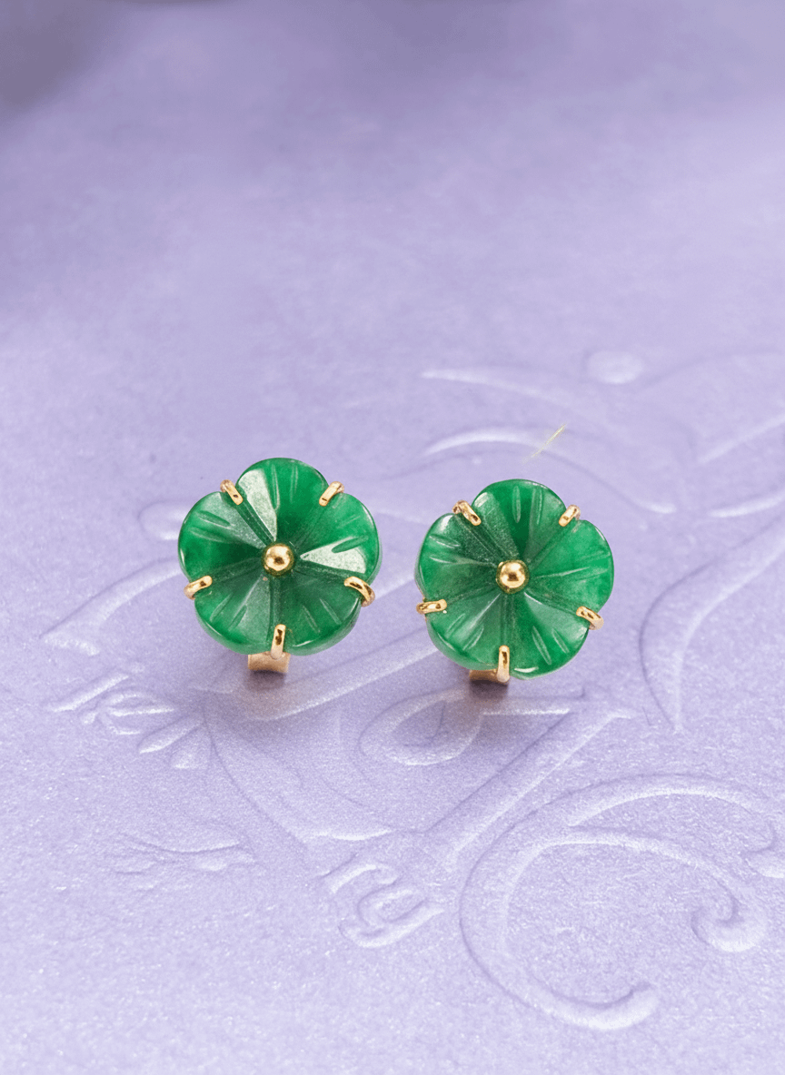 Bông tai Vàng 14K Đá Cẩm thạch Miến Điện thiên nhiên | Burmese Jadeite Jade Gold Earrings | AME Jewellery