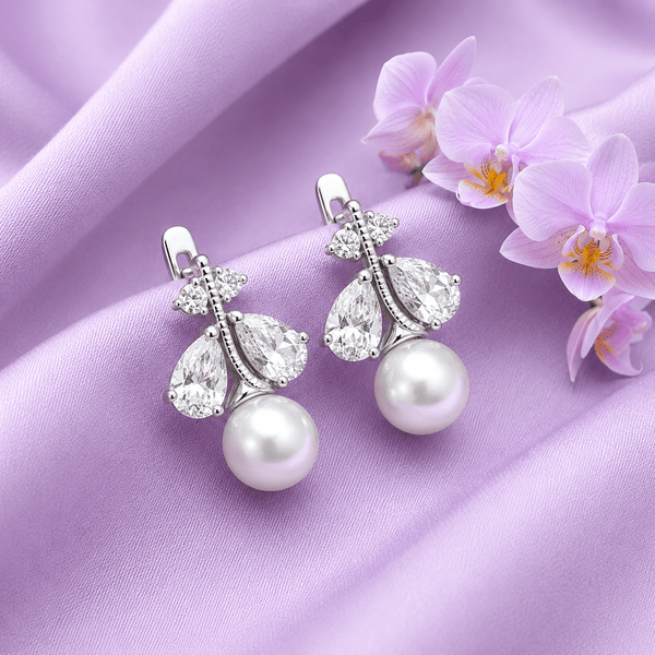 Freshwater Cultured Pearl Leaf Earrings in Sterling Silver by AME Jewellery