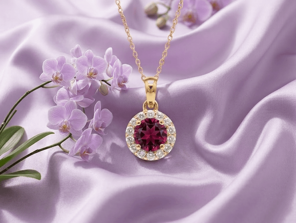 Mặt dây chuyền vàng đá quý tự nhiên Natural Garnet Halo Pendant Necklace in 14K Yellow Gold by AME Jewellery