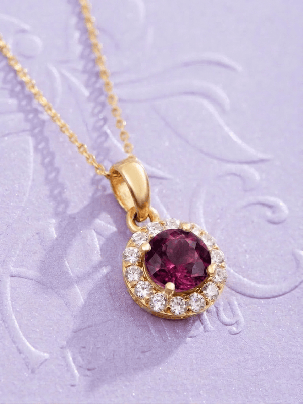 Mặt dây chuyền vàng đá quý tự nhiên Natural Garnet Halo Pendant Necklace in 14K Yellow Gold by AME Jewellery