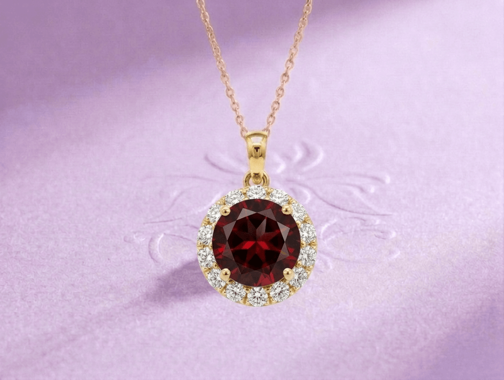 Natural Garnet Halo Pendant Necklace in 14K Yellow Gold by AME Jewellery. 