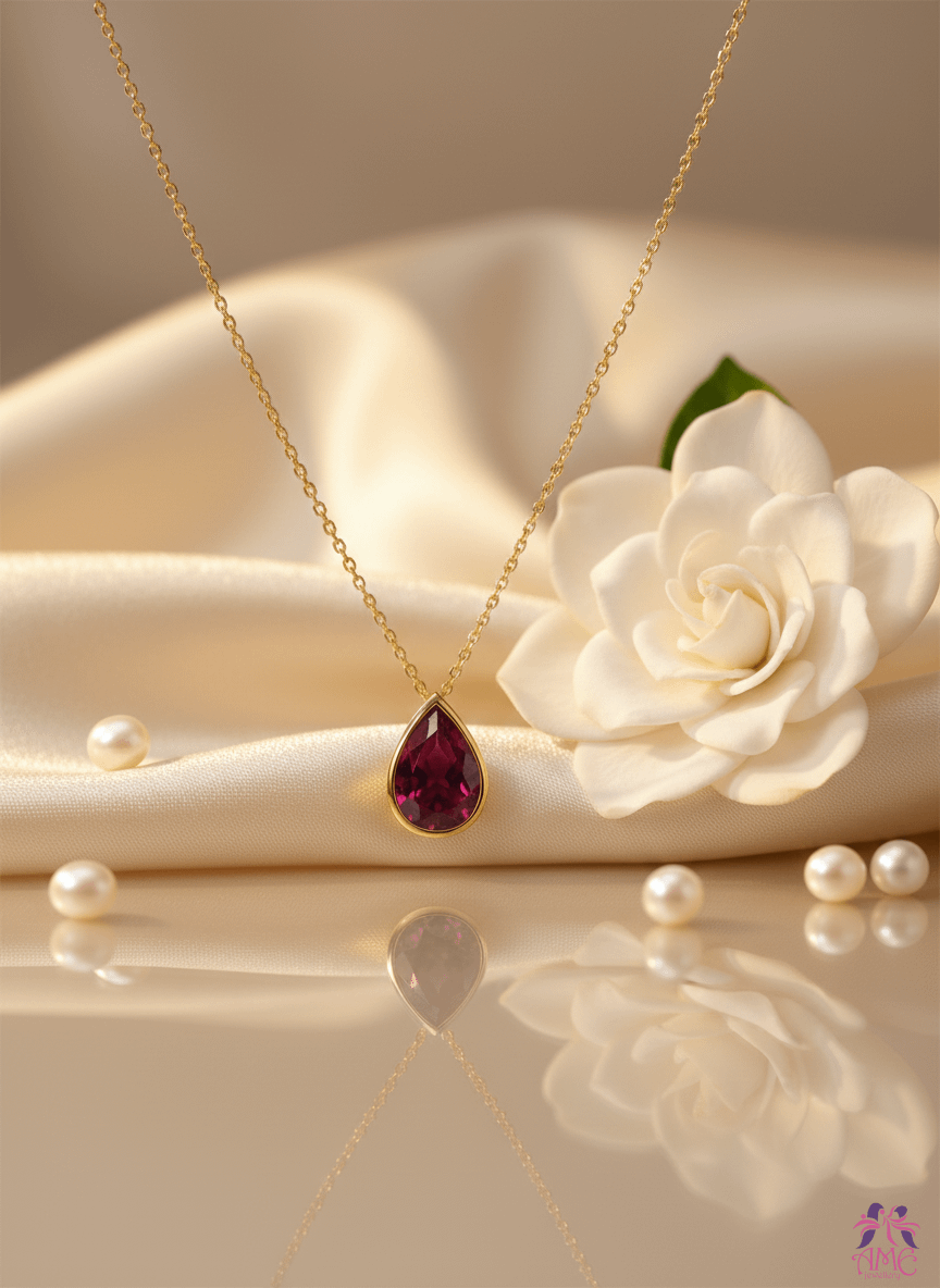Mặt dây chuyền Vàng Đá quý tự nhiên Pear-cut Red Garnet Bezel Pendant in 14K Yellow Gold by AME Jewellery
