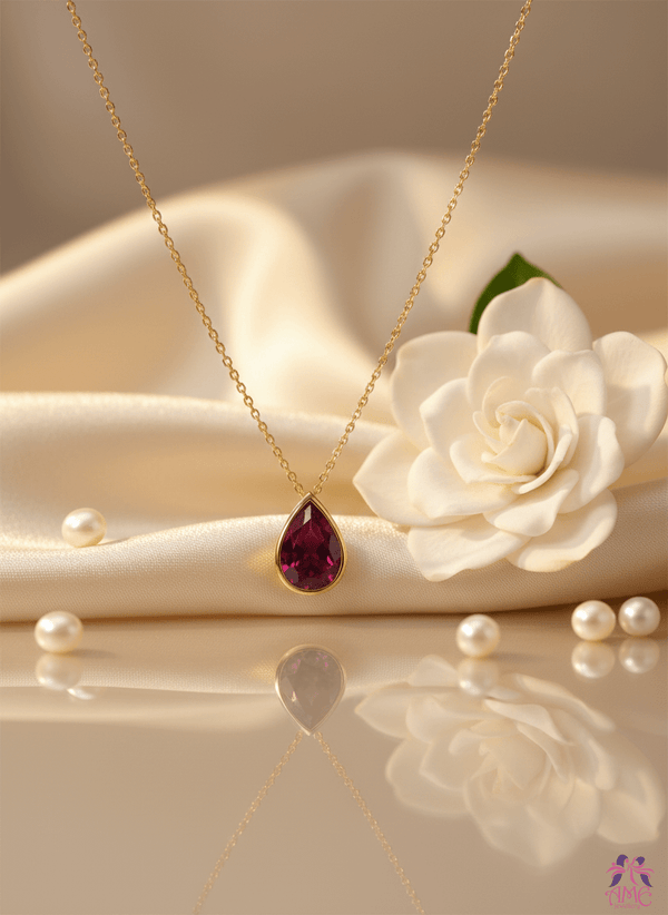 Mặt dây chuyền Vàng Đá quý tự nhiên Pear-cut Red Garnet Bezel Pendant in 14K Yellow Gold by AME Jewellery