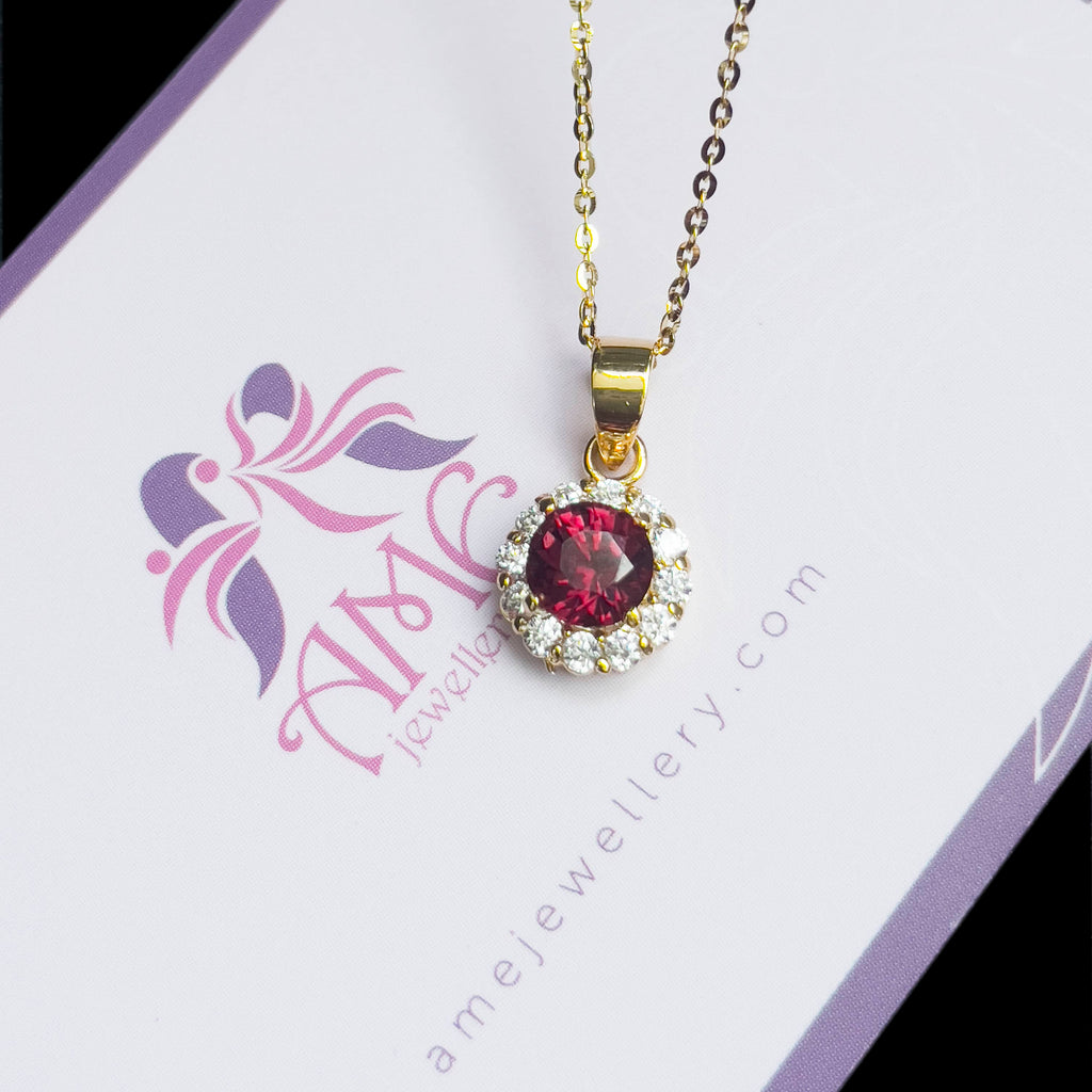 Mặt dây chuyền Vàng 14K Đá quý thiên nhiên Red Garnet Halo Pendant in 14K Yellow Gold by AME Jewellery