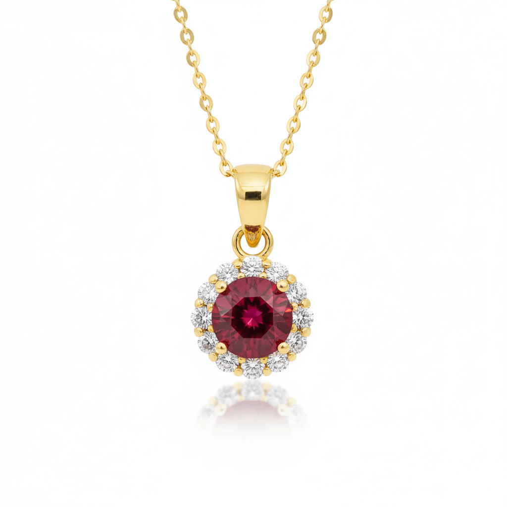 Mặt dây chuyền Vàng 14K Đá quý thiên nhiên Red Garnet Halo Pendant in 14K Yellow Gold by AME Jewellery