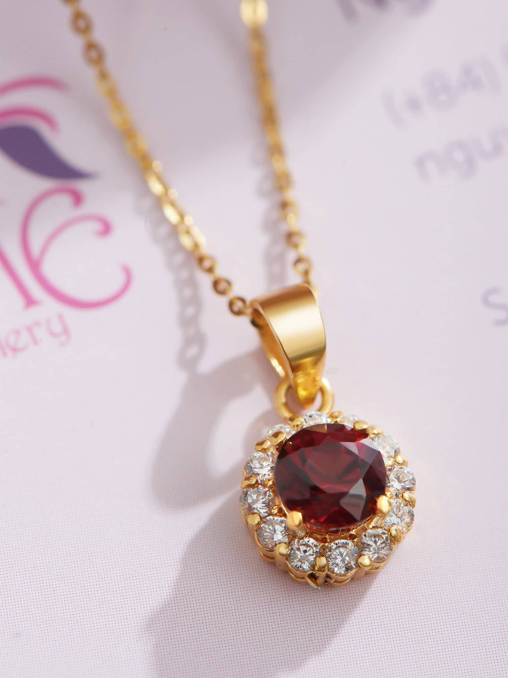 Mặt dây chuyền Vàng 14K Đá quý thiên nhiên Red Garnet Halo Pendant in 14K Yellow Gold by AME Jewellery