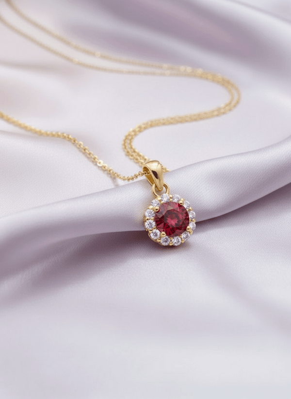 Mặt dây chuyền Vàng 14K Đá quý thiên nhiên Red Garnet Halo Pendant in 14K Yellow Gold by AME Jewellery