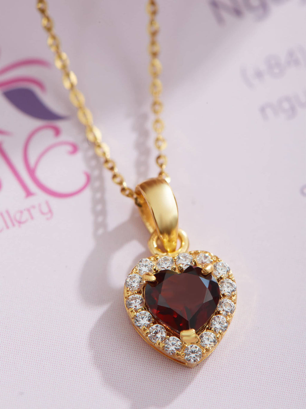 Mặt dây Vàng 14K Đá quý tự nhiên Heart-cut Red Garnet Halo Pendant in 14K Yellow Gold by AME Jewellery