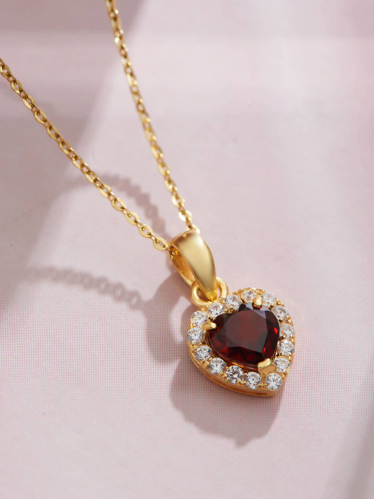 Mặt dây Vàng 14K Đá quý tự nhiên Heart-cut Red Garnet Halo Pendant in 14K Yellow Gold by AME Jewellery