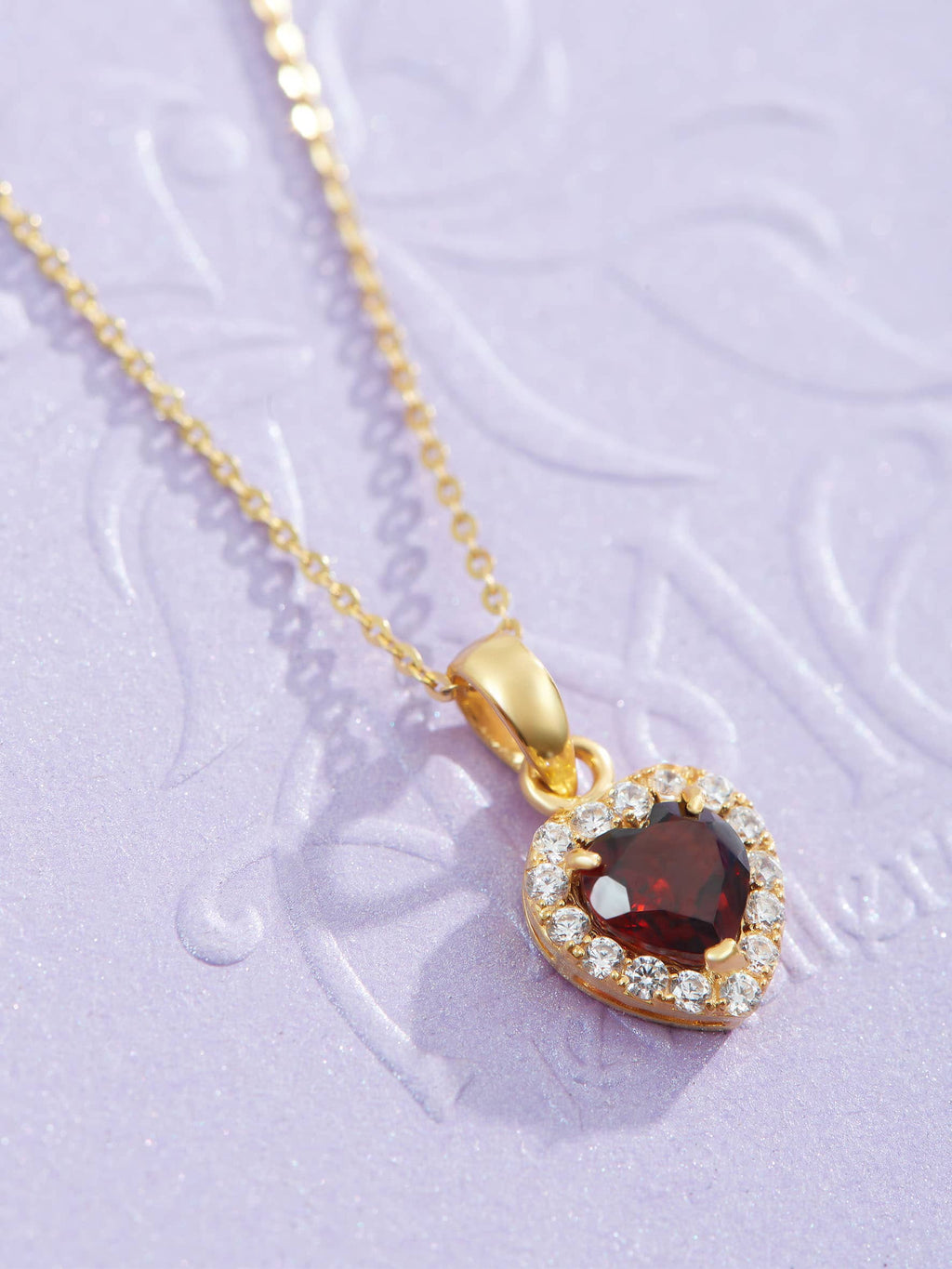 Mặt dây Vàng 14K Đá quý tự nhiên Heart-cut Red Garnet Halo Pendant in 14K Yellow Gold by AME Jewellery