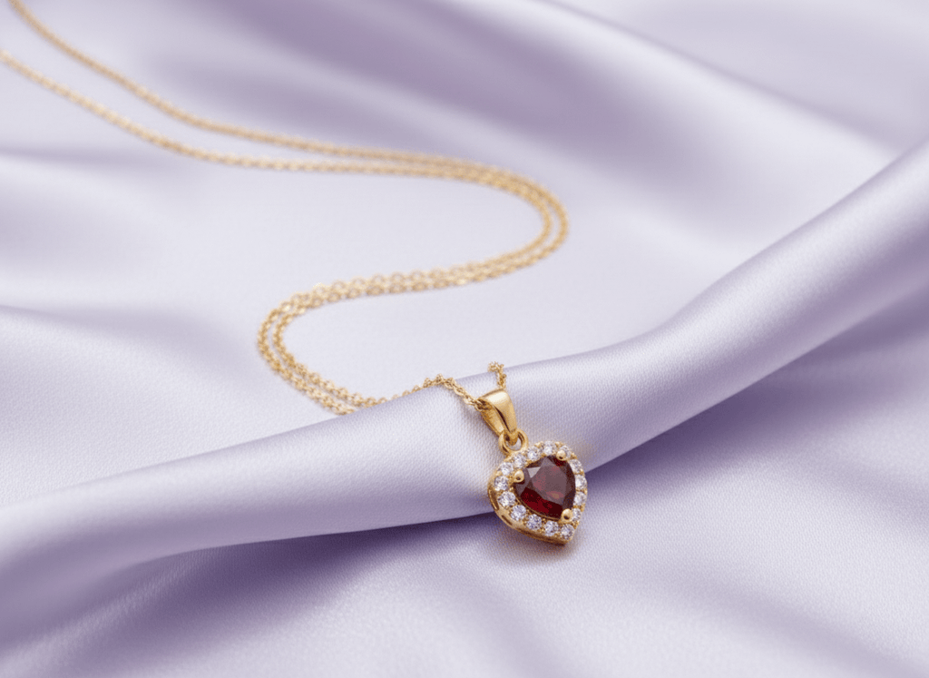 Mặt dây chuyền Vàng 14K Đá quý tự nhiên Heart-cut Red Garnet Halo Pendant in 14K Yellow Gold by AME Jewellery