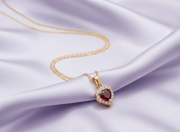Mặt dây chuyền Vàng 14K Đá quý tự nhiên Heart-cut Red Garnet Halo Pendant in 14K Yellow Gold by AME Jewellery