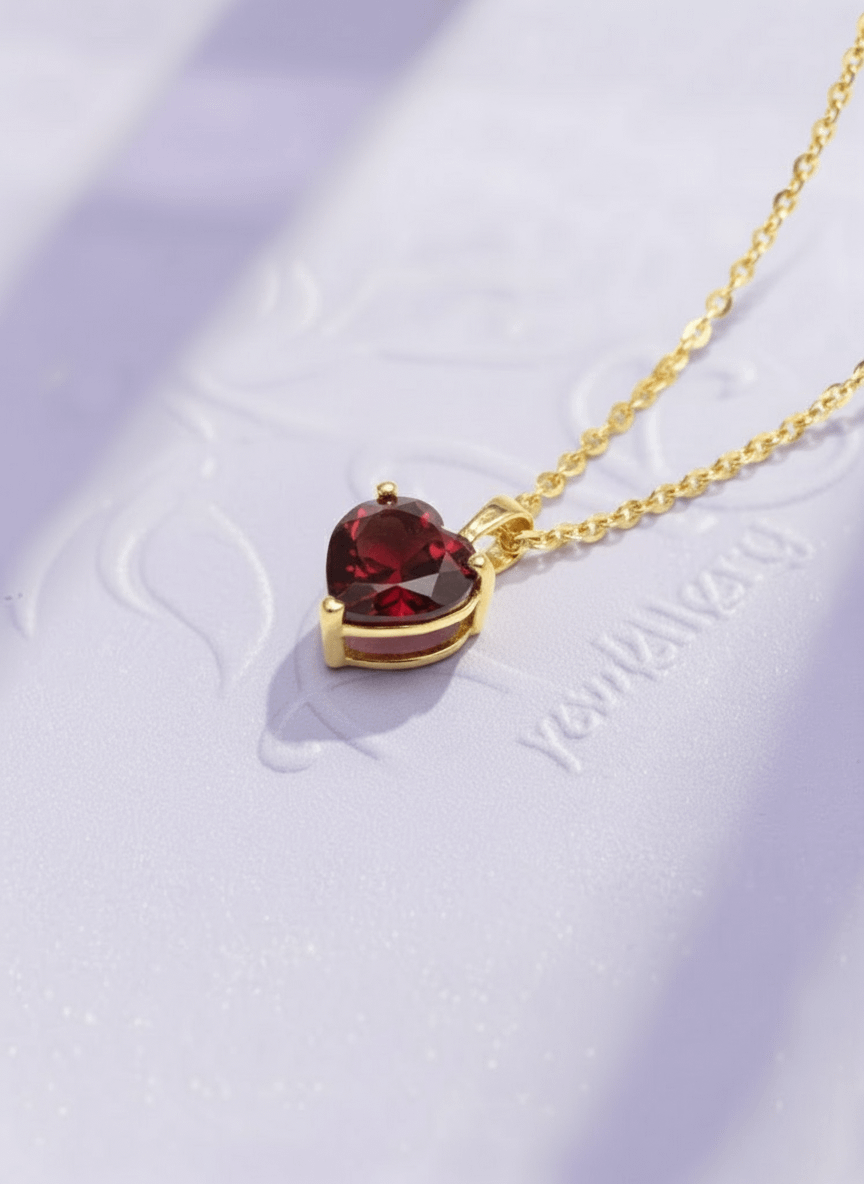 Mặt dây Vàng Đá quý tự nhiên Natural Heart-cut Red Garnet Pendant 14K Yellow Gold by AME Jewellery