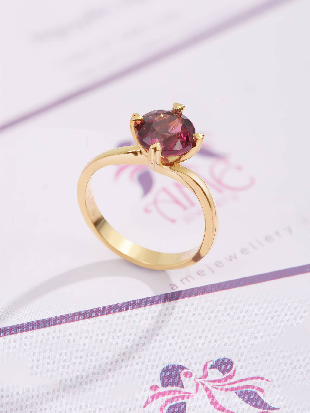 Nhẫn nữ Vàng Đá quý tự nhiên Garnet Twist Solitaire Ring in 14K Yellow Gold by AME Jewellery