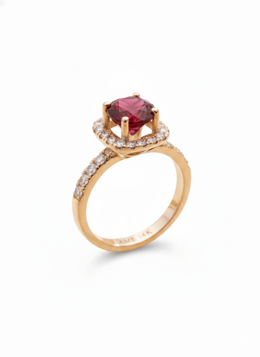 Nhẫn nữ Vàng Đá quý tự nhiên Red Garnet Halo Square Ring in 14K Yellow Gold by AME Jewellery