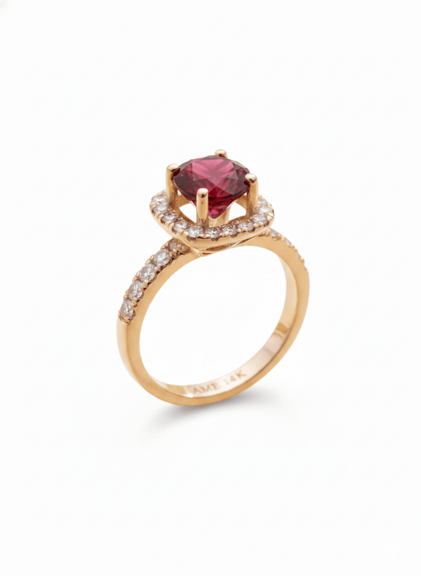 Nhẫn nữ Vàng Đá quý tự nhiên Red Garnet Halo Square Ring in 14K Yellow Gold by AME Jewellery