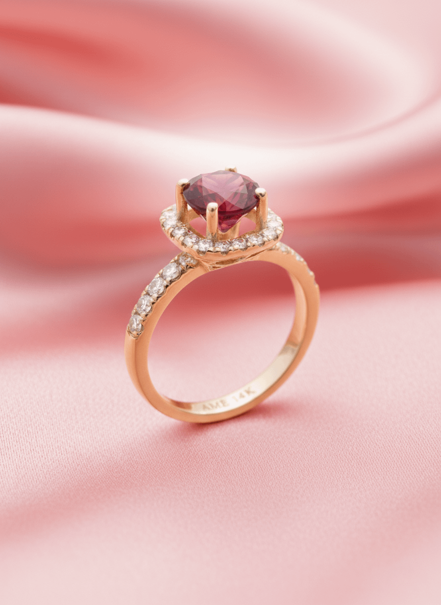 Nhẫn nữ Vàng Đá quý tự nhiên Red Garnet Halo Square Ring in 14K Yellow Gold by AME Jewellery