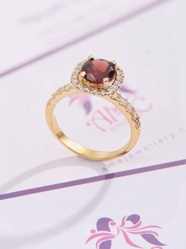 Nhẫn nữ Vàng Đá quý tự nhiên Red Garnet Halo Square Ring in 14K Yellow Gold by AME Jewellery