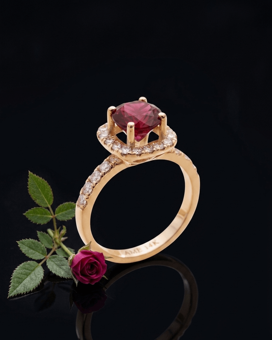 Natural Red Garnet Halo Square Ring in 14K Yellow Gold - AME Jewellery