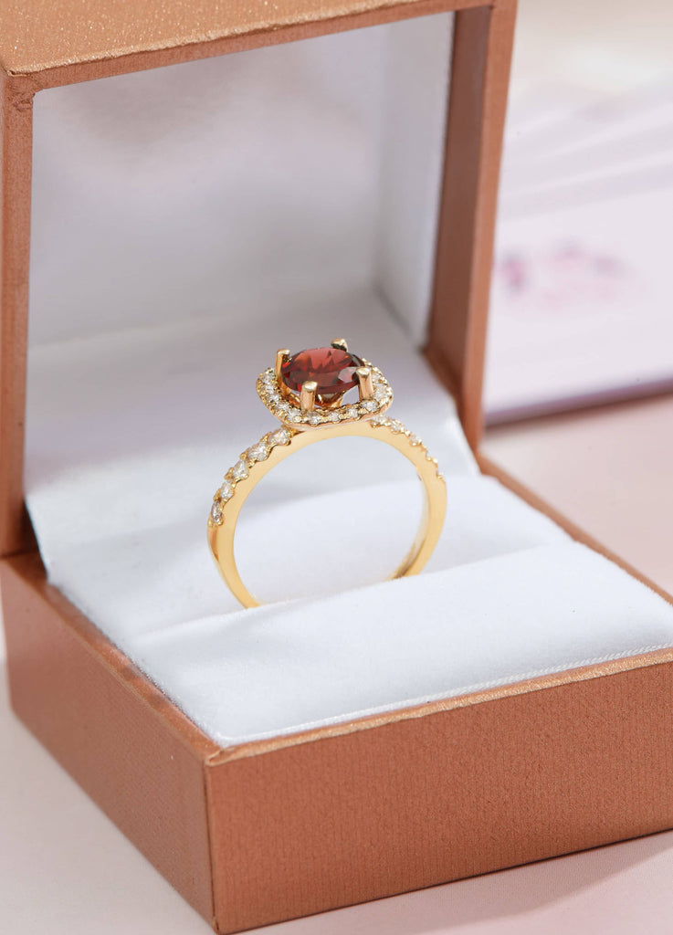 Nhẫn nữ Vàng Đá quý tự nhiên Red Garnet Halo Square Ring in 14K Yellow Gold by AME Jewellery