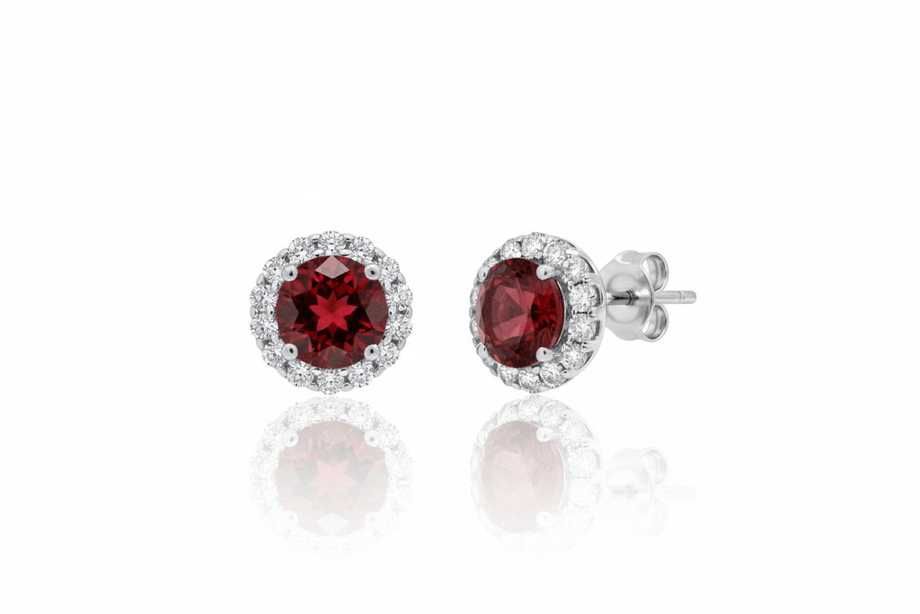 Natural Red Garnet Halo Earrings in Sterling Silver by AME Jewellery