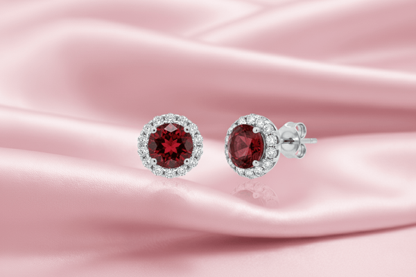 Natural Red Garnet Halo Earrings in Sterling Silver by AME Jewellery