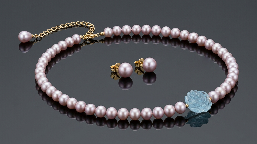 Lavender Freshwater Pearl & Aquamarine Rose Jewelry Set in 14K Yellow Gold by AME Jewellery